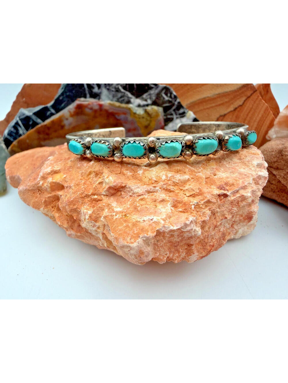 Vintage Zuni Sterling Silver Turquoise Cuff Bracelet 1990s Native American